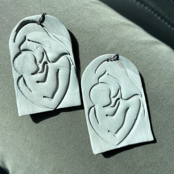 Handmade Clay Earrings | Large Arch | Grey Motherhood Style| Hook Backs - Picture 3 of 4